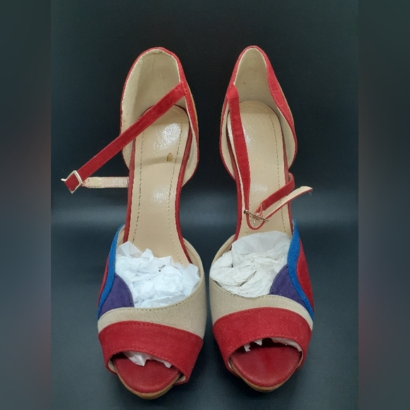 Red Multi Color Suede Pumps - Picture 5 of 7